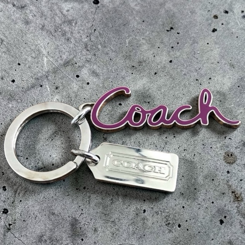 Coach Purple and Silver Script Logo Keychain